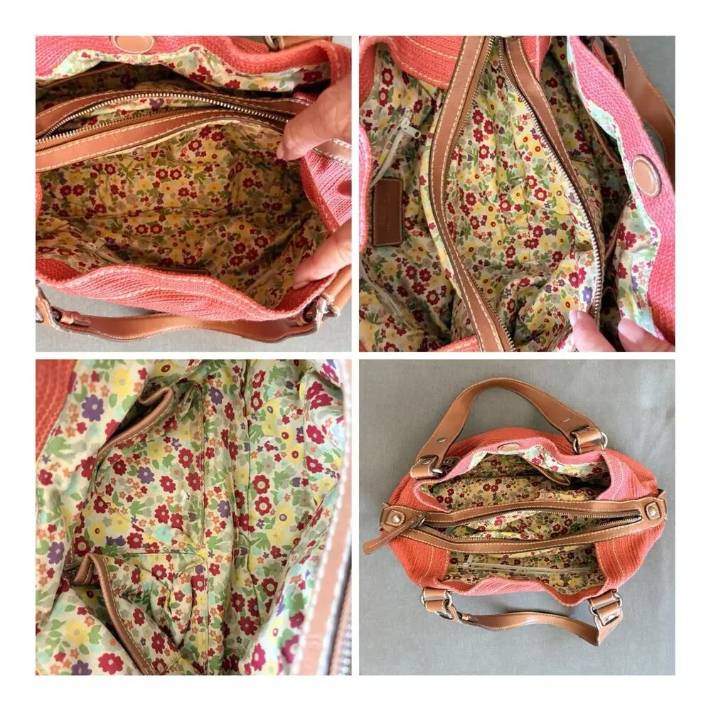 Fossil Y2K Coral Woven Leather Shoulder Bag Floral Lining Boho Handbag